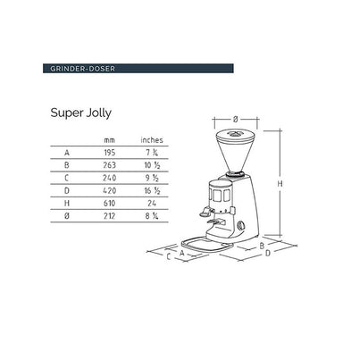 Mazzer 2810SIL Super Jolly Coffee Grinder measurement chart